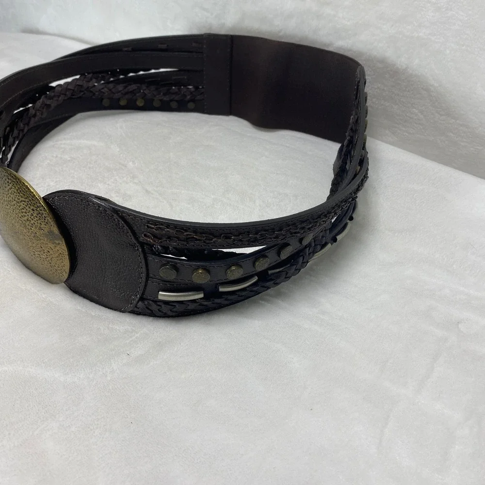 Chicos Faux Leather Dark Brown Wide Braided Studded Belt‎ Fashion Accessory Chic